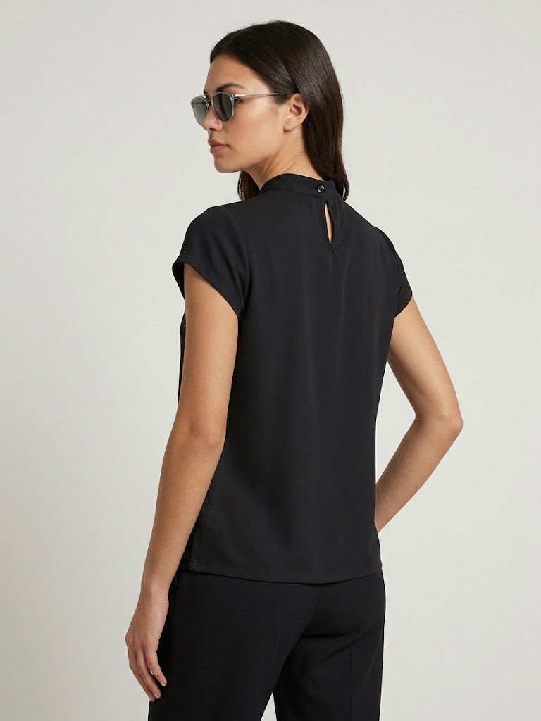 Blouse with High Collar and Short Sleeves