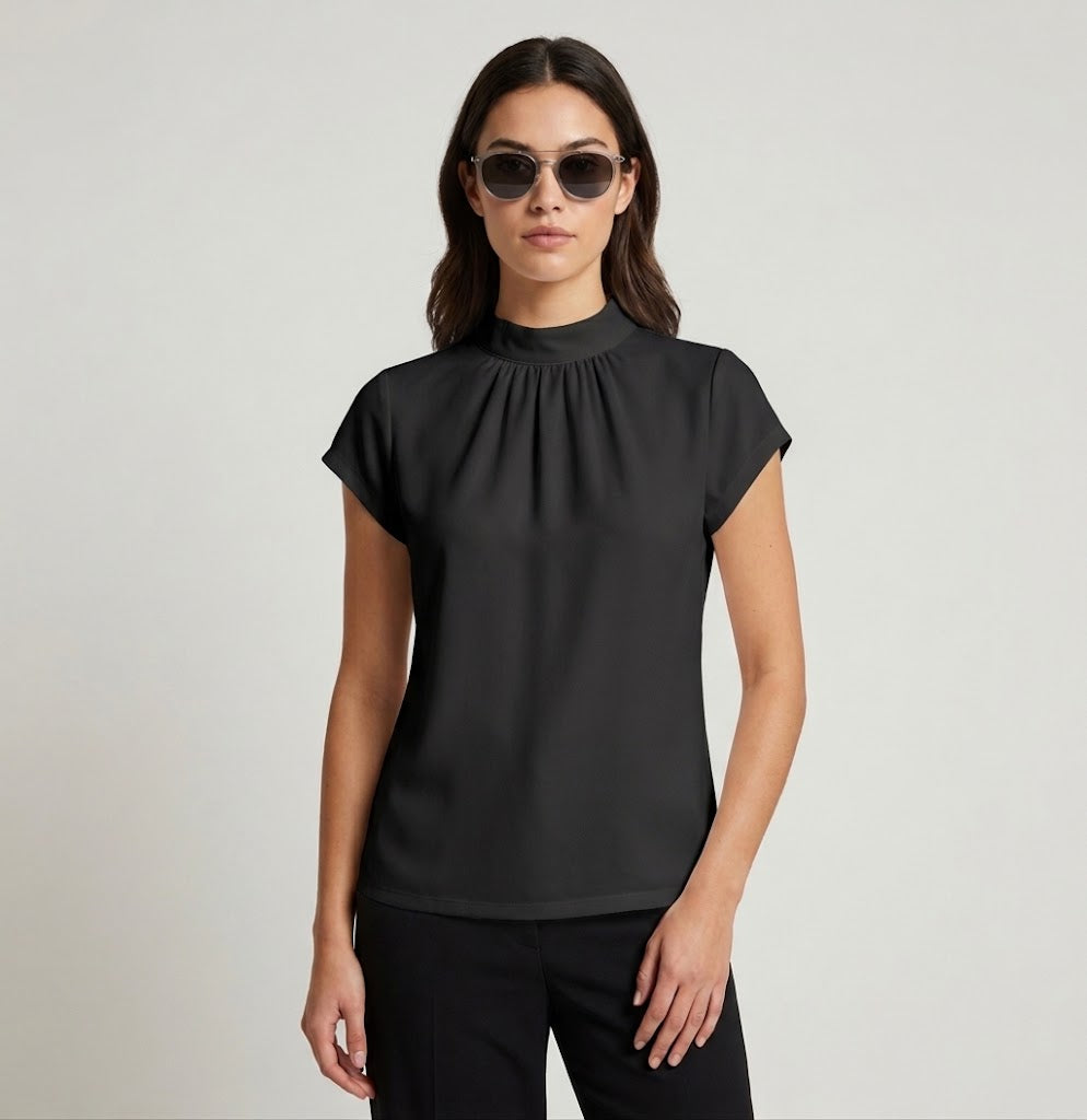 Blouse with High Collar and Short Sleeves
