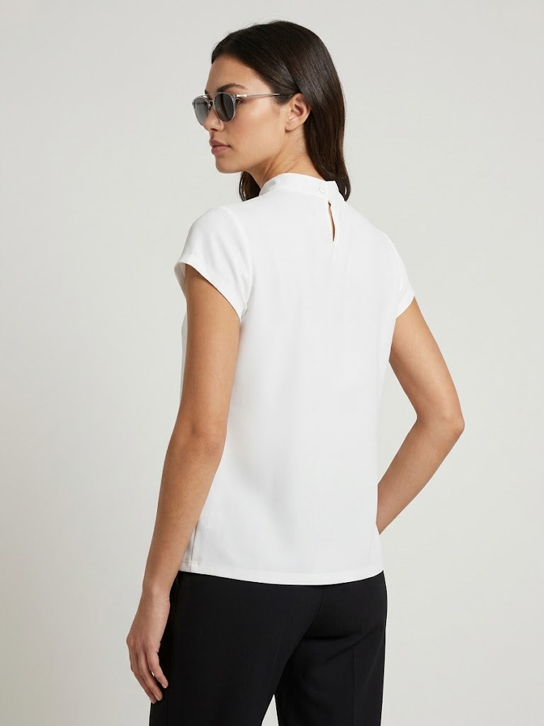 Blouse with High Collar and Short Sleeves