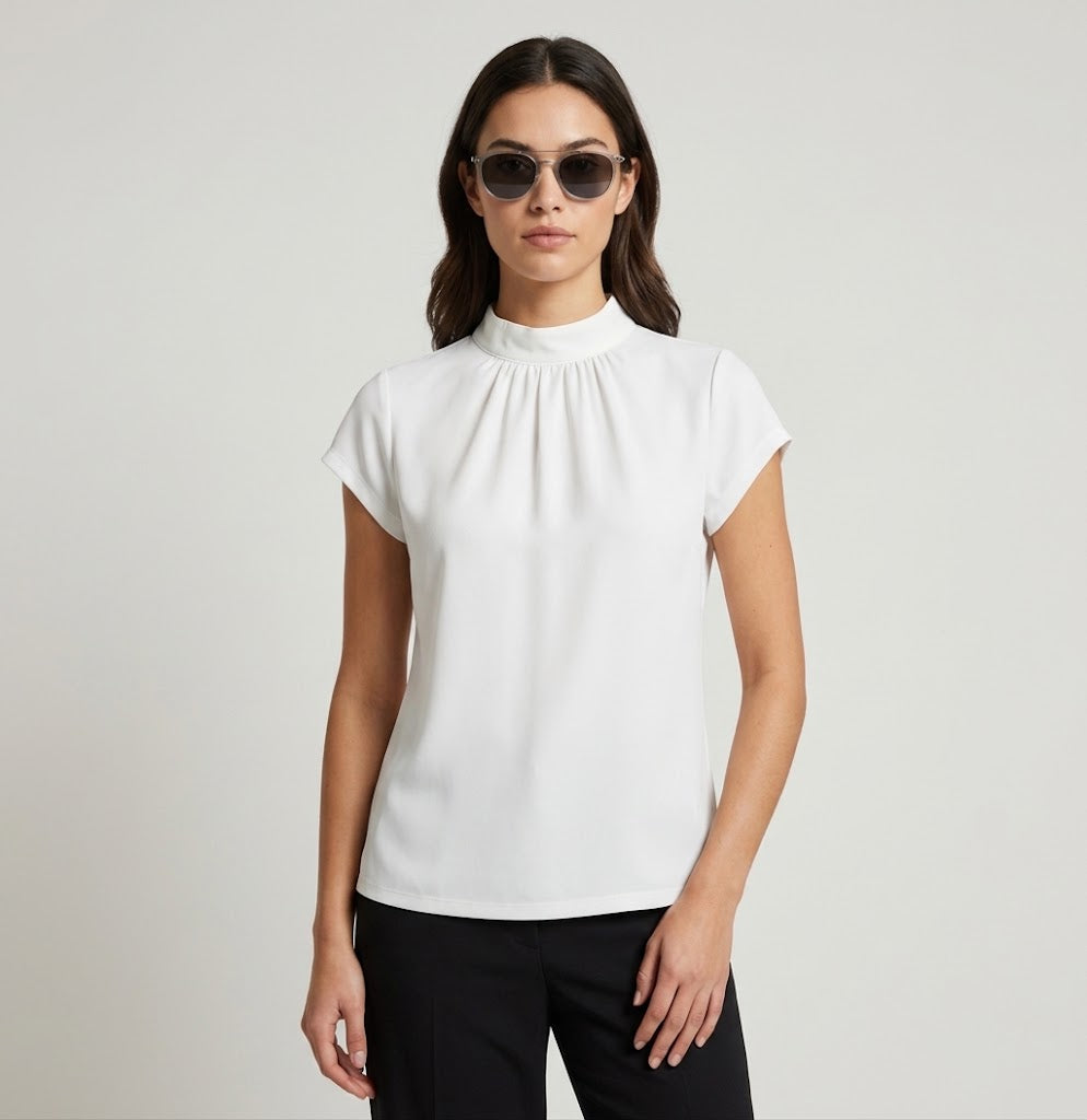 Blouse with High Collar and Short Sleeves
