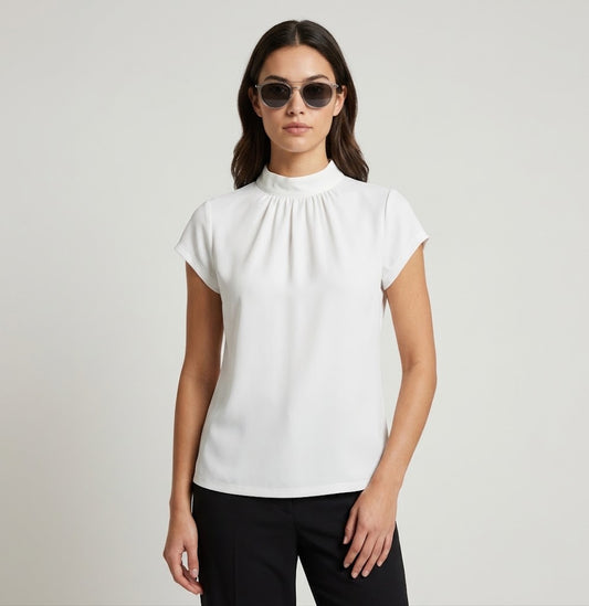 Blouse with High Collar and Short Sleeves